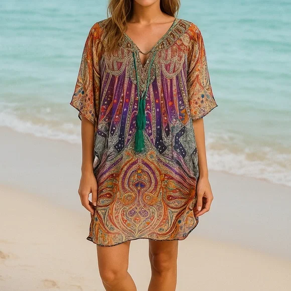 🌺 Venus Boho Beaded Tassel Kaftan Cover-Up – Size L/XL - Picture 8 of 9